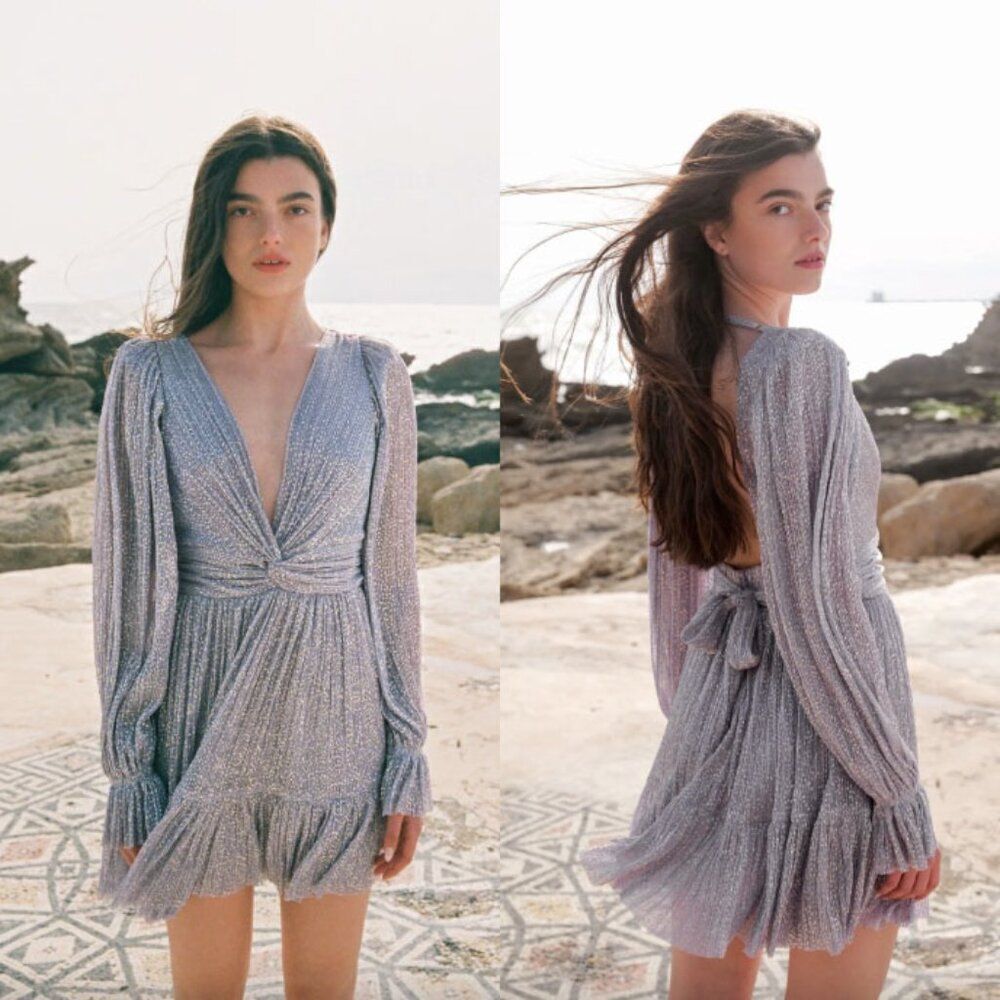 Sabina Musayev lavender lilac light purple gold metallic pleated Mars mini dress